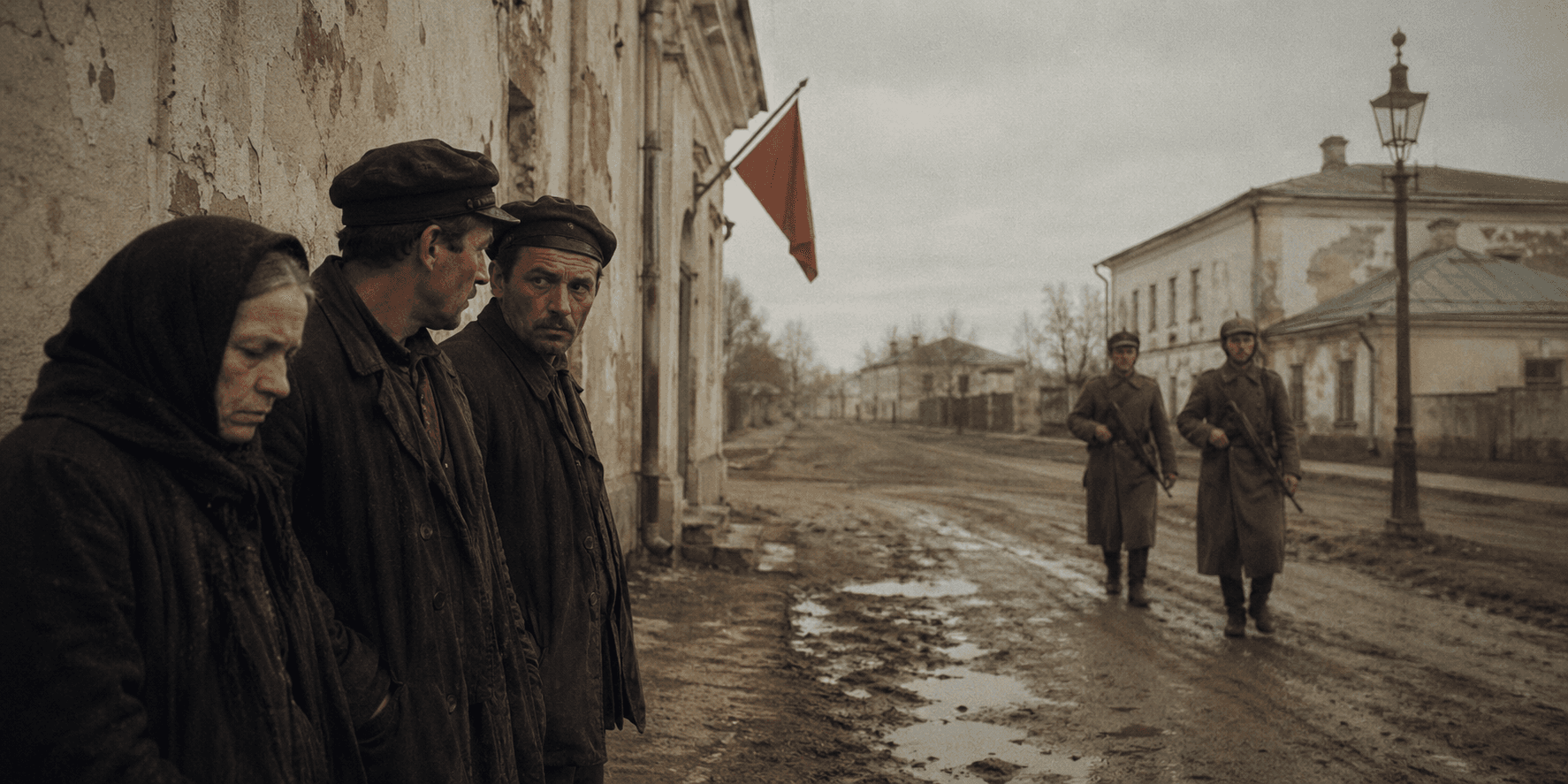 A cinematic historical scene inspired by civilian life during the Russian Civil War.