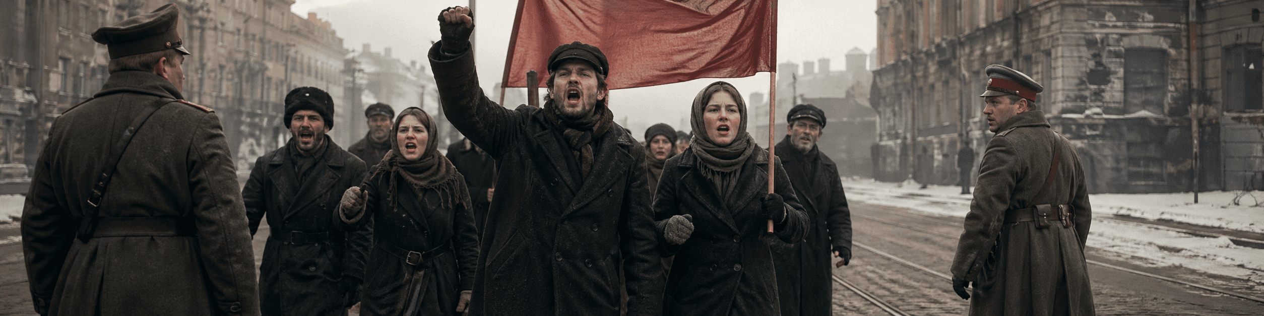 A cinematic street scene inspired by public life during the Russian Revolution.