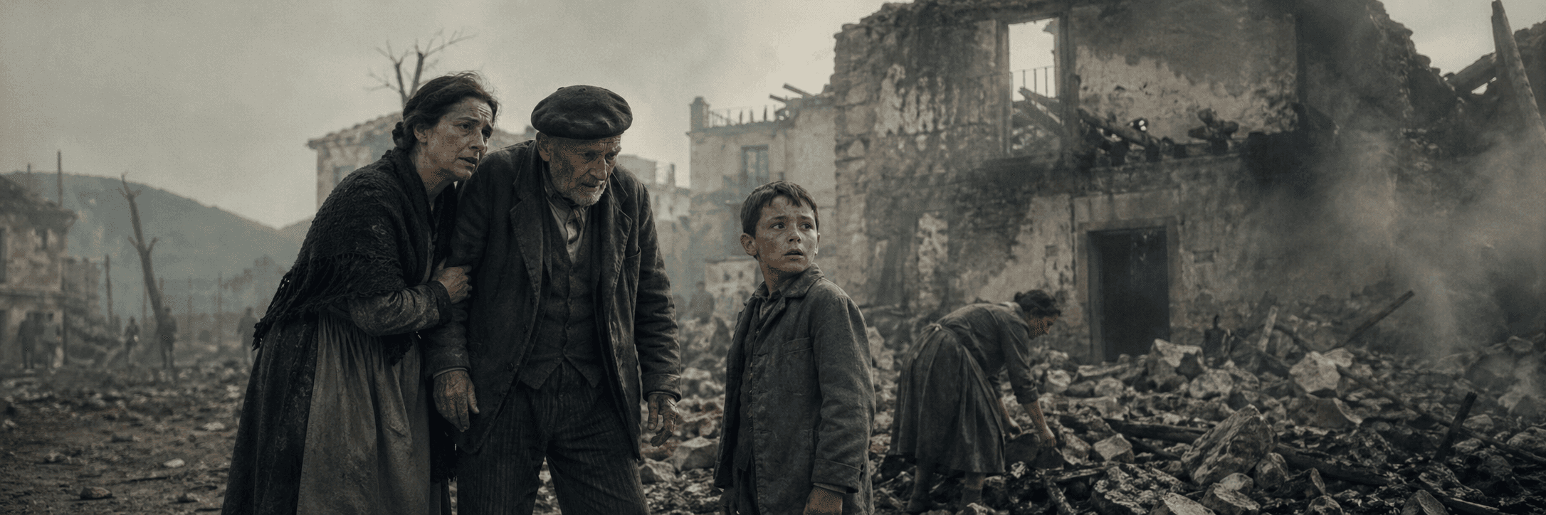 A cinematic street scene inspired by daily life during the Spanish Civil War.